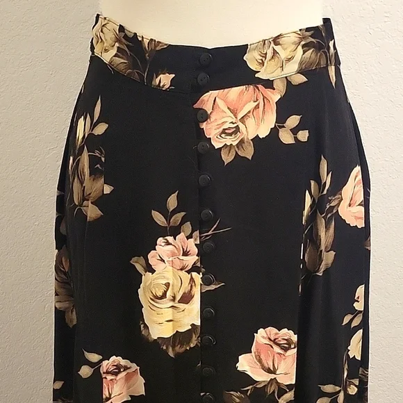 Express Vintage 90s Medium Grunge Cottagecore Midi Button Floral Skirt Roses - Picture 2 of 8